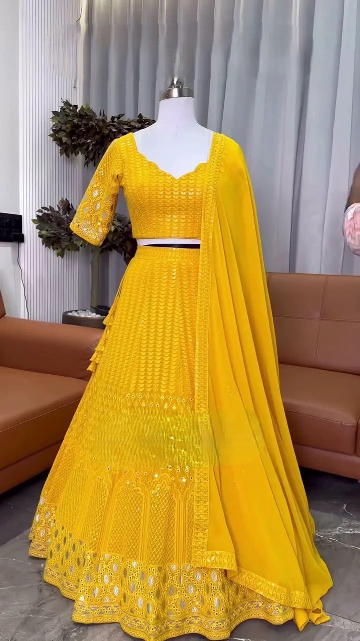 Yellow Color Designer Embroidery & Mirror Work Lehenga Choli For Haldi Function